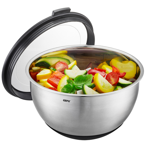 Кухонная миска из нержавеющей стали с пластиковой крышкой Muovo, 2.5 л, 20 см, стальной, серия Кухонные аксессуары, GEFU