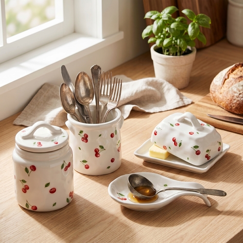 Керамическая подставка для кухонных аксессуаров, 13 х 13 см, белый/декор, серия Cherry, Lefard