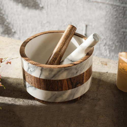 Фарфоровая ступка с пестиком, 15 см, серый/дерево, серия Wood & Marble, Home & Style